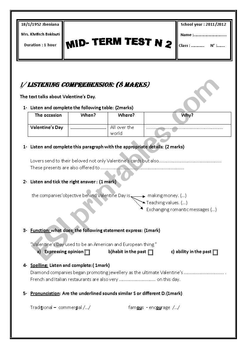 mid-term test n2 (1stYEAR) worksheet