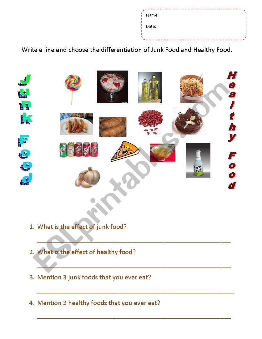 Healthy food and Junk food worksheet