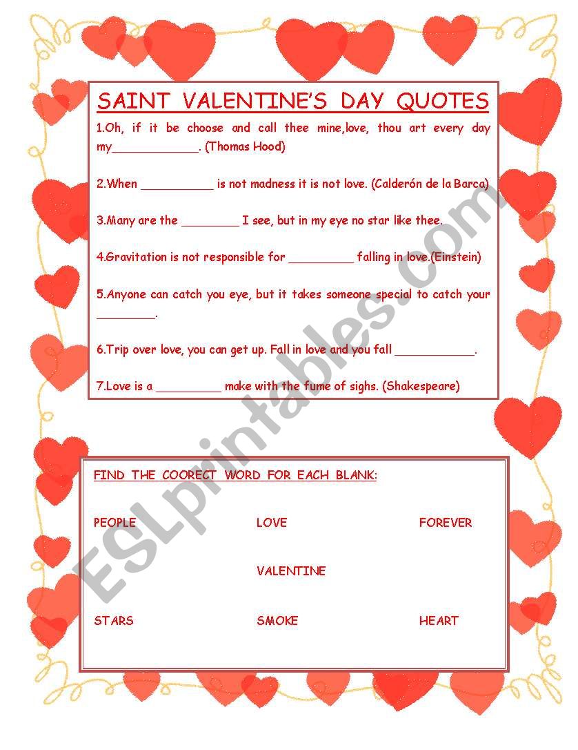 Saint Valentines Day QUOTES worksheet