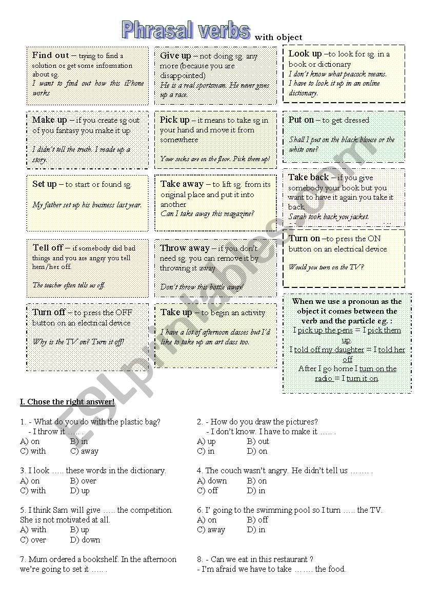 Phrasal verbs worksheet - basics- (with object) 