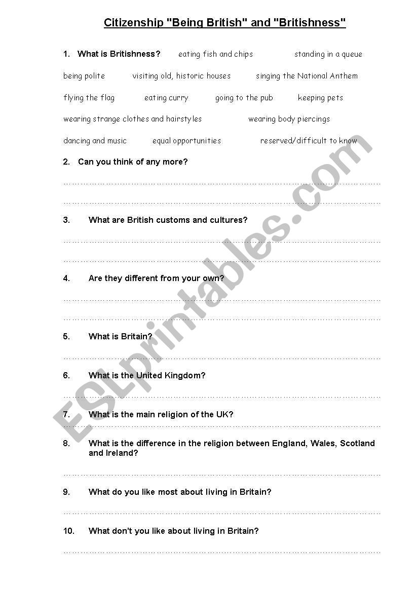 British and Britishness worksheet