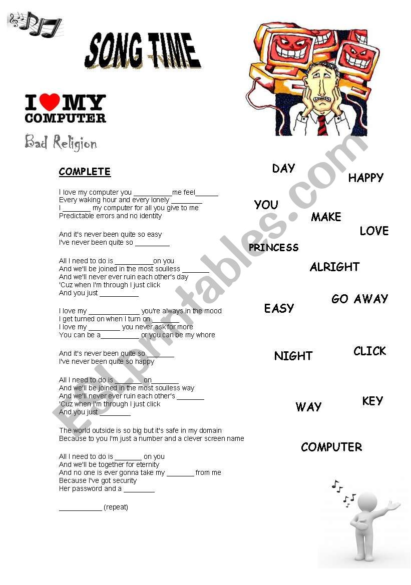 Song - I love my computer worksheet