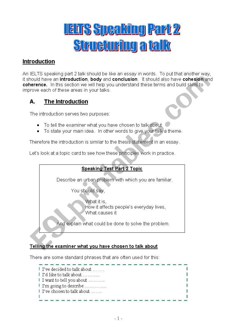 Structuring an IELTS talk worksheet