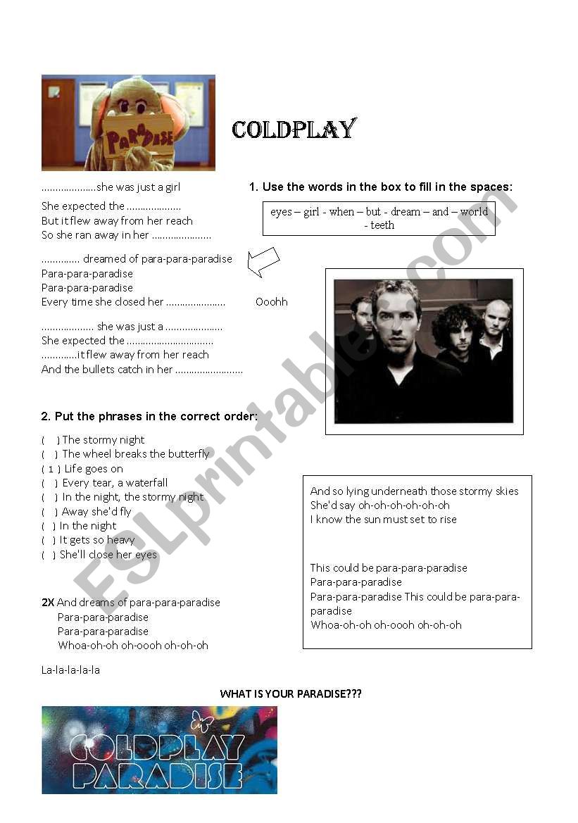 Music- Paradise /COLDPLAY worksheet