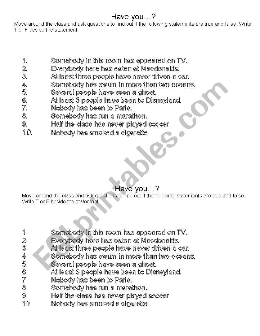 have you ever.. worksheet