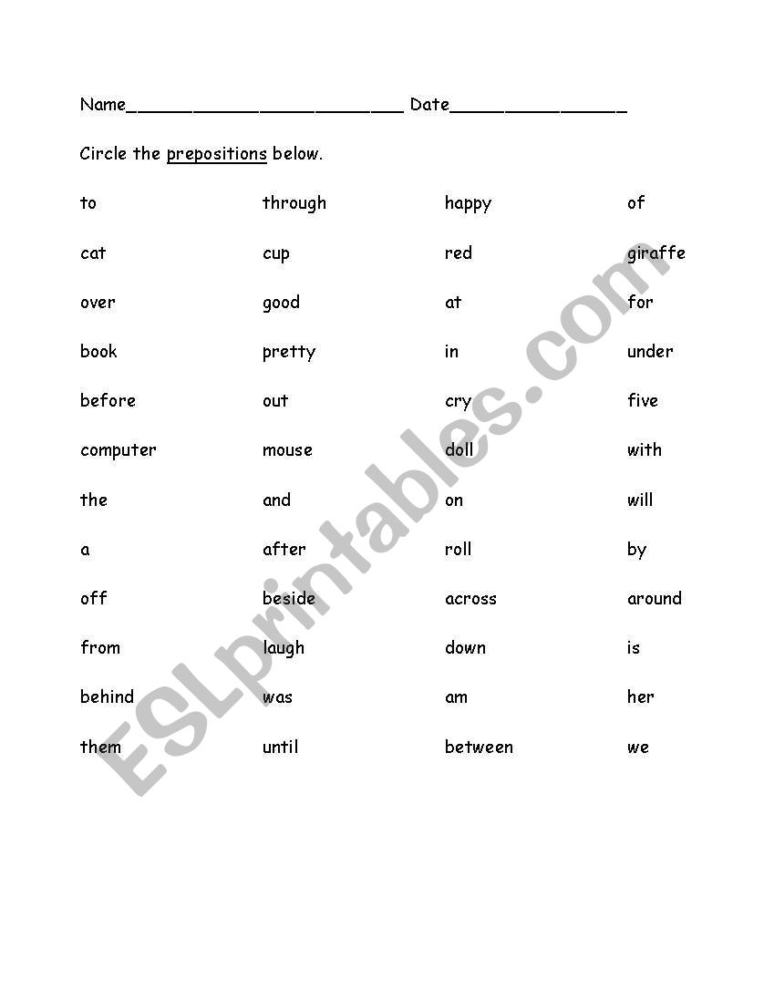 Identify the prepositions worksheet