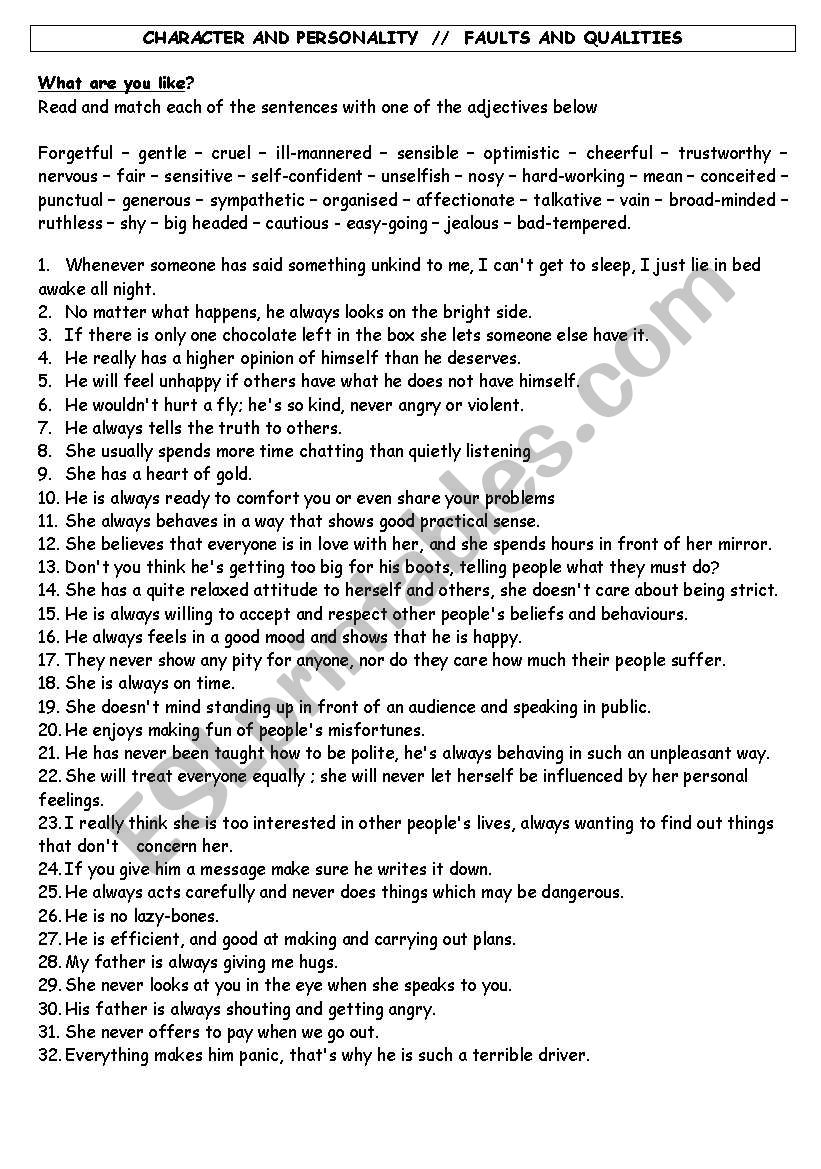 Character & Personality worksheet