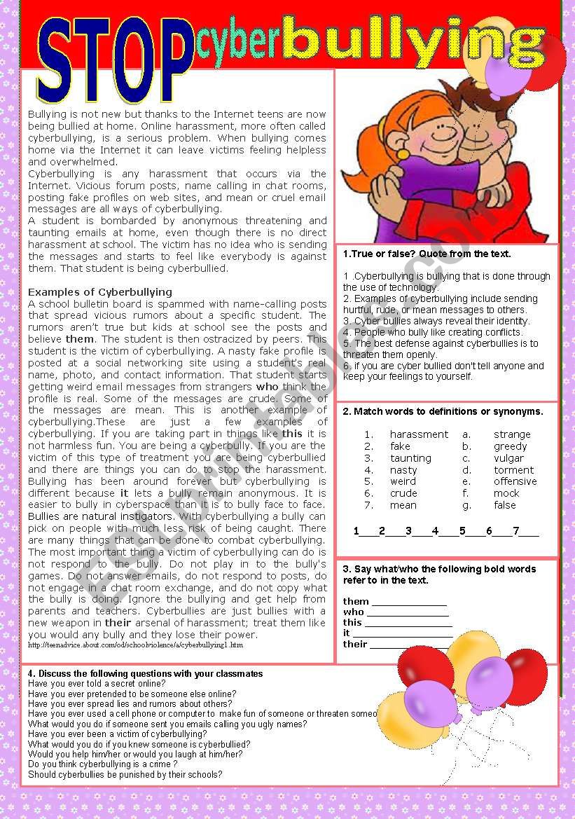 Stop cyberbullying worksheet