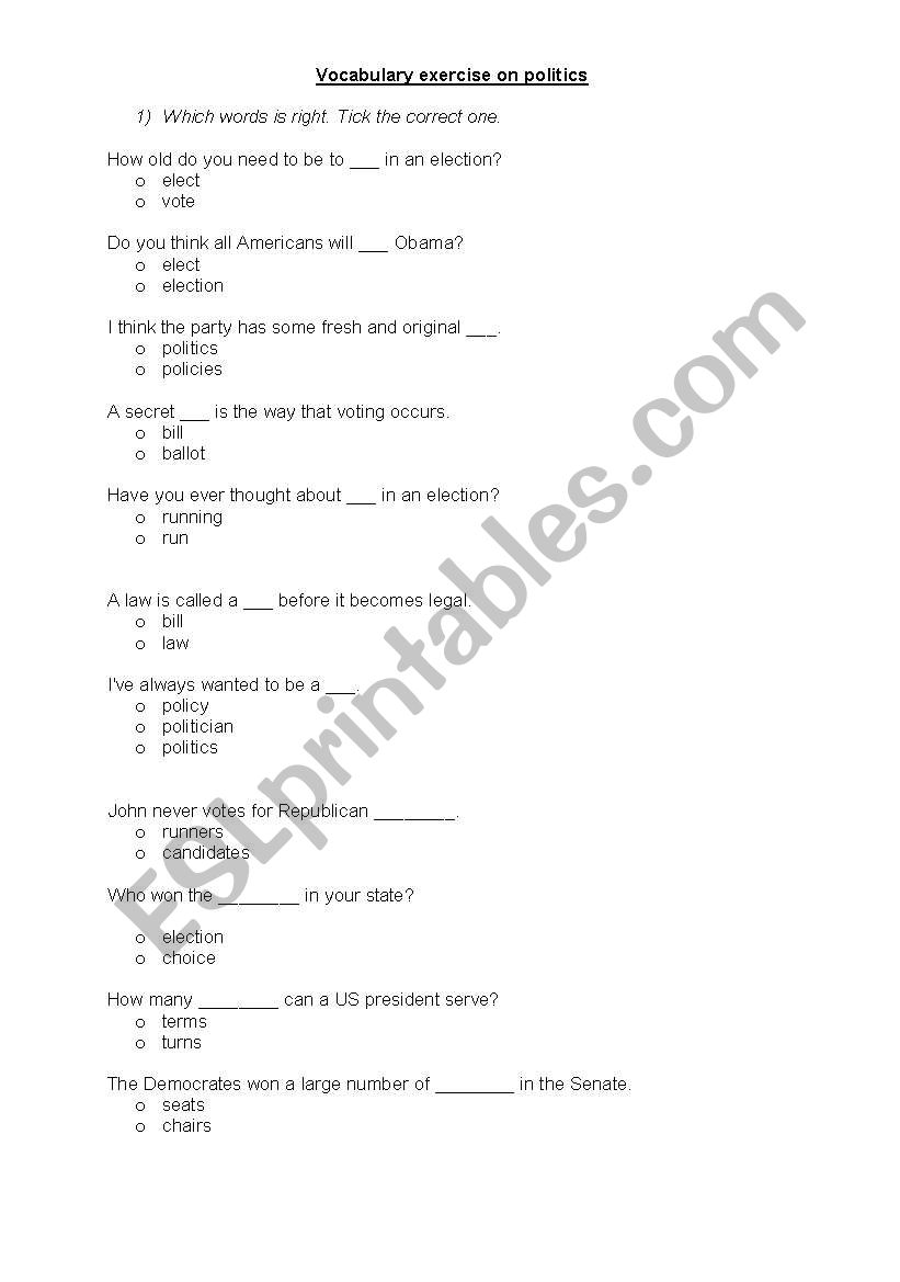 Political system of the US worksheet