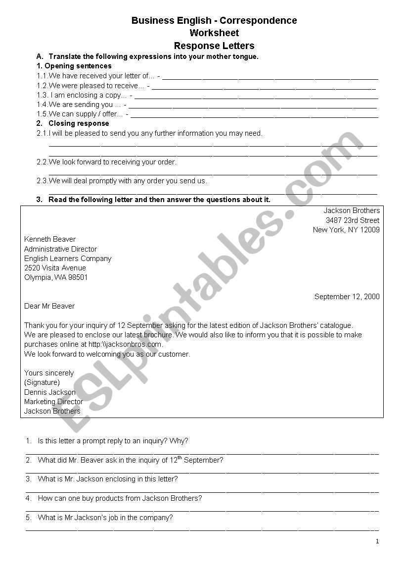 Business letters worksheet