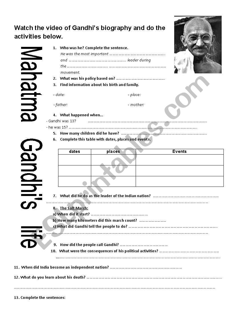 Mahatma Gandhis life worksheet