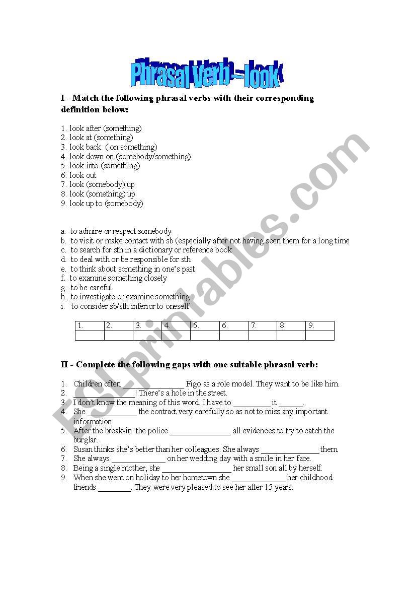 Phrasal verb look worksheet