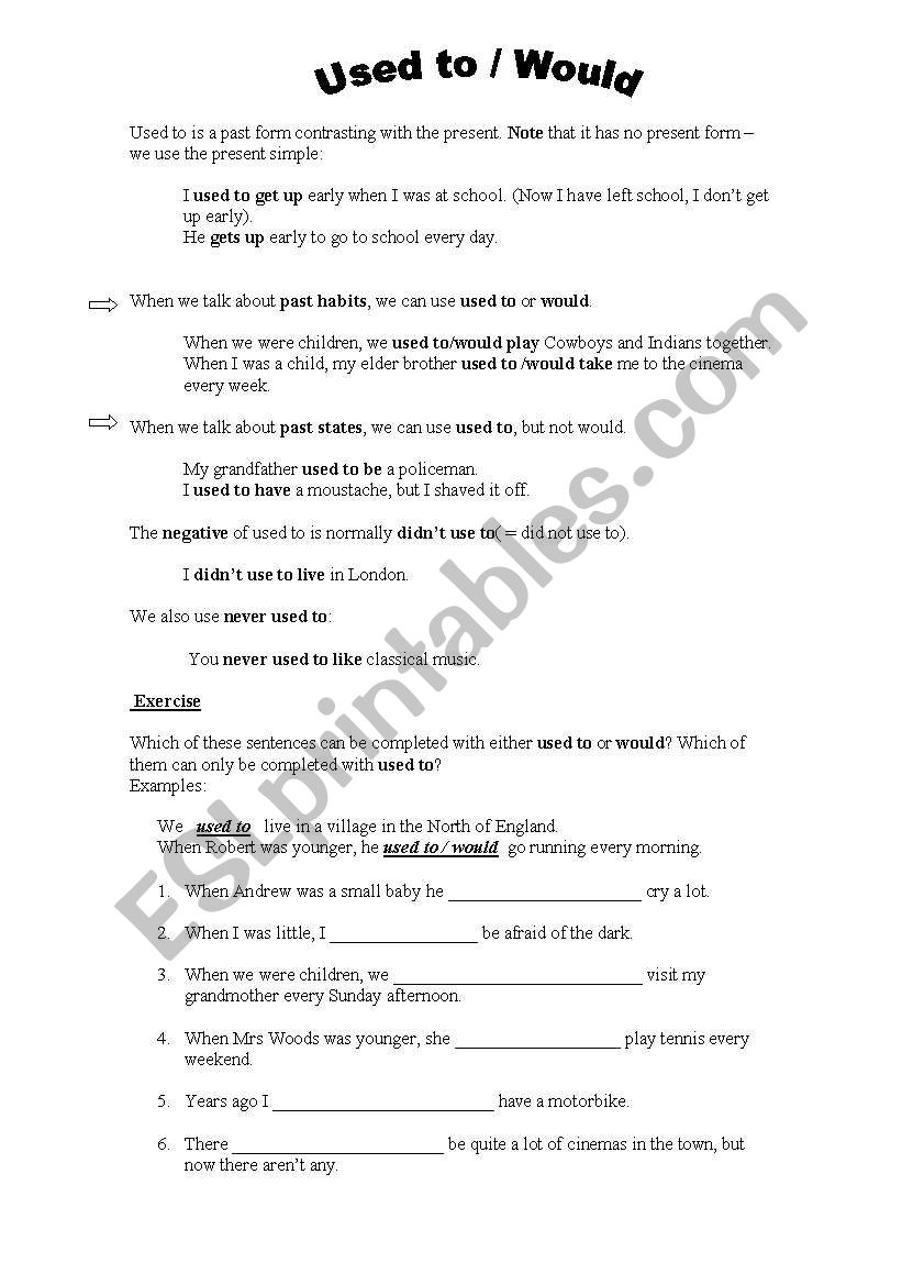 used to / would worksheet