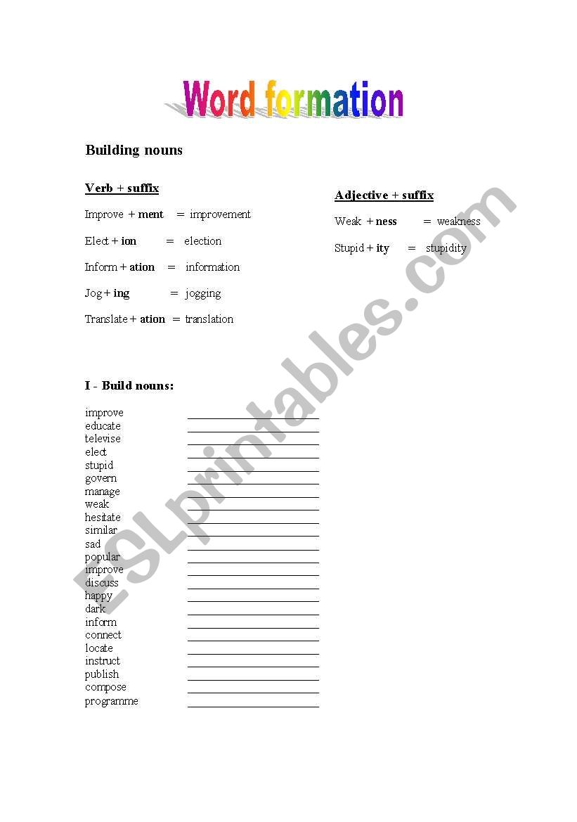 Wordformation nouns worksheet