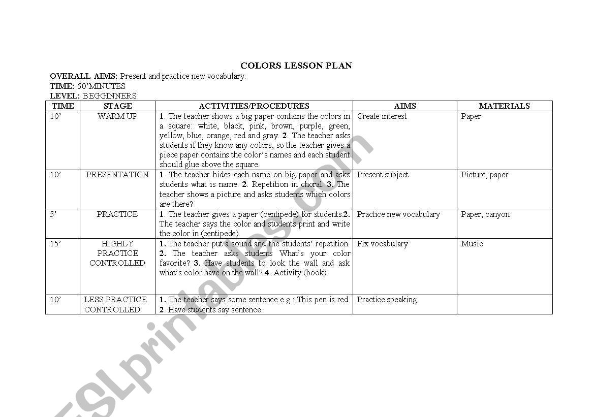 colours lesson plan worksheet