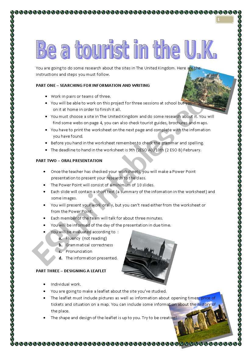 Be a tourist in the UK worksheet