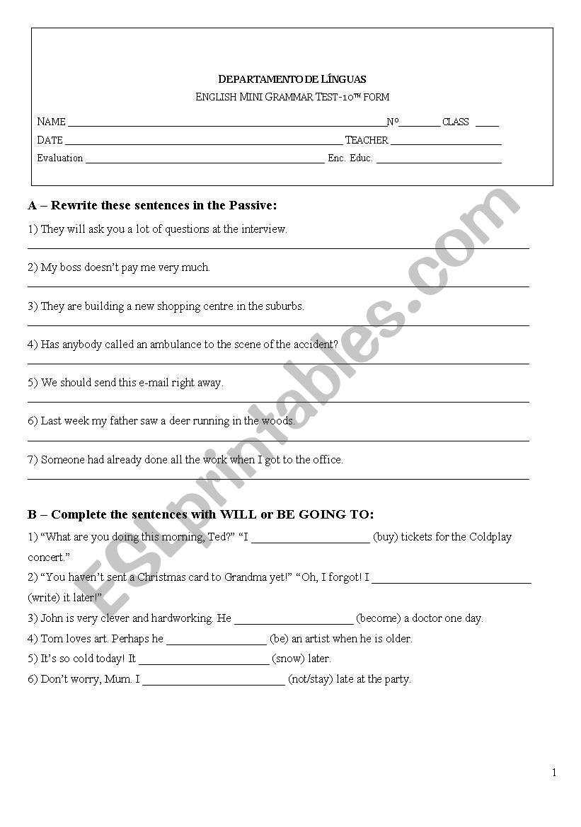 Grammar test worksheet