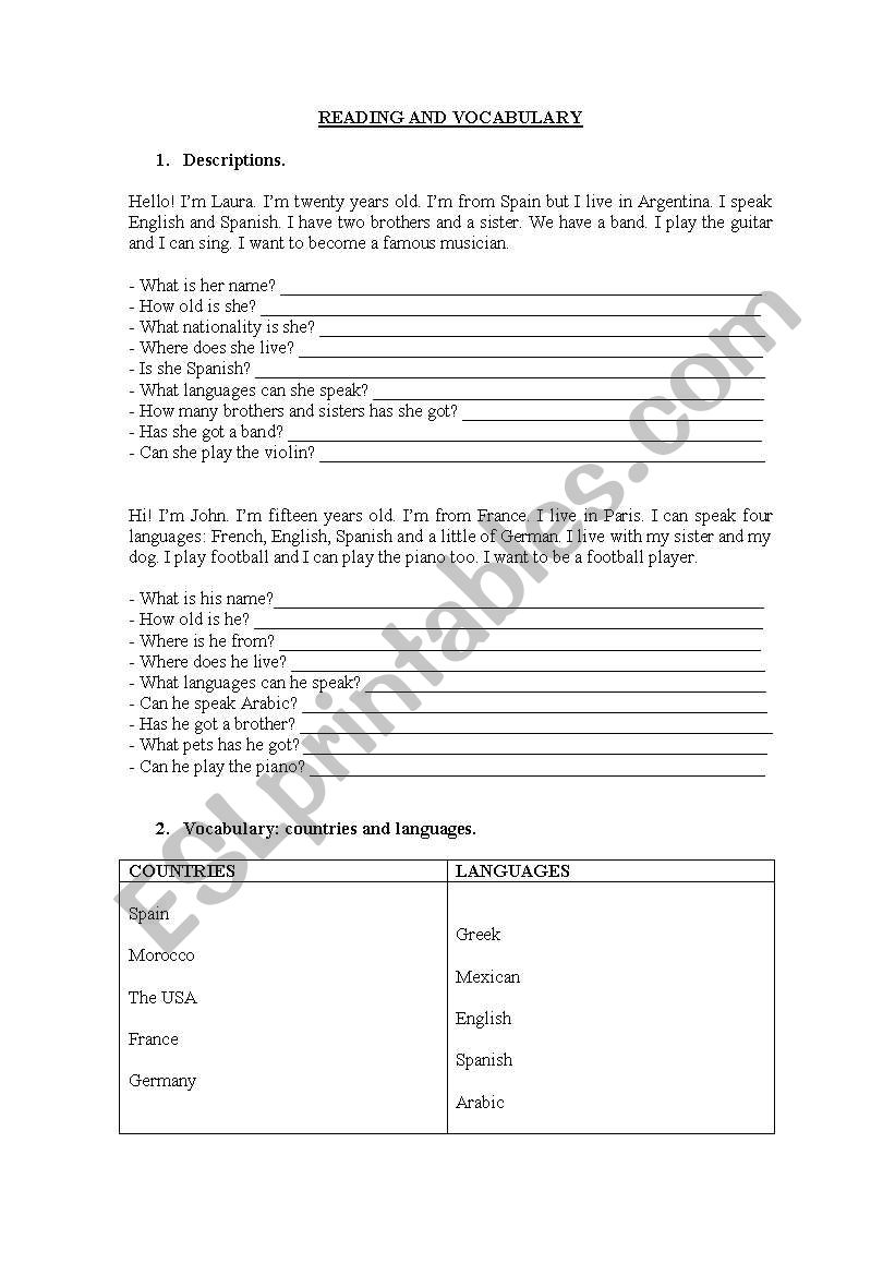 READING AND VOCABULARY worksheet