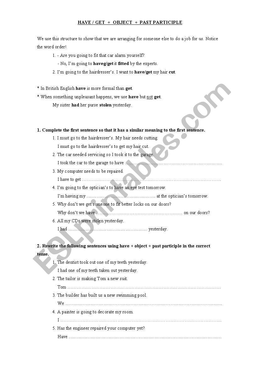 Have/get something done worksheet