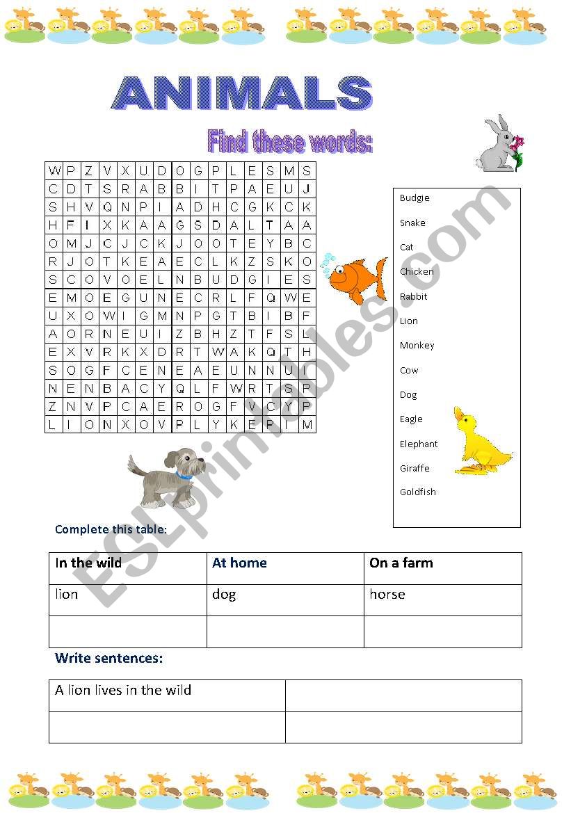 Animals worksheet