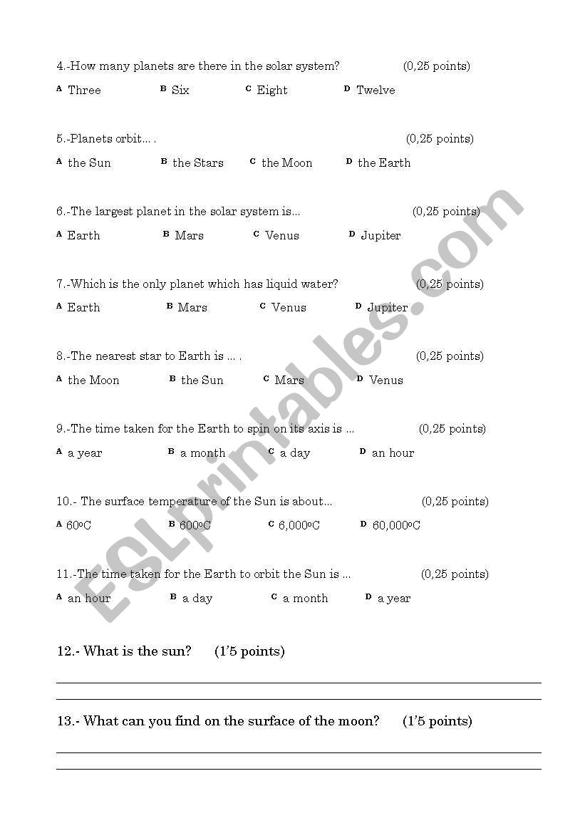 The solar system worksheet