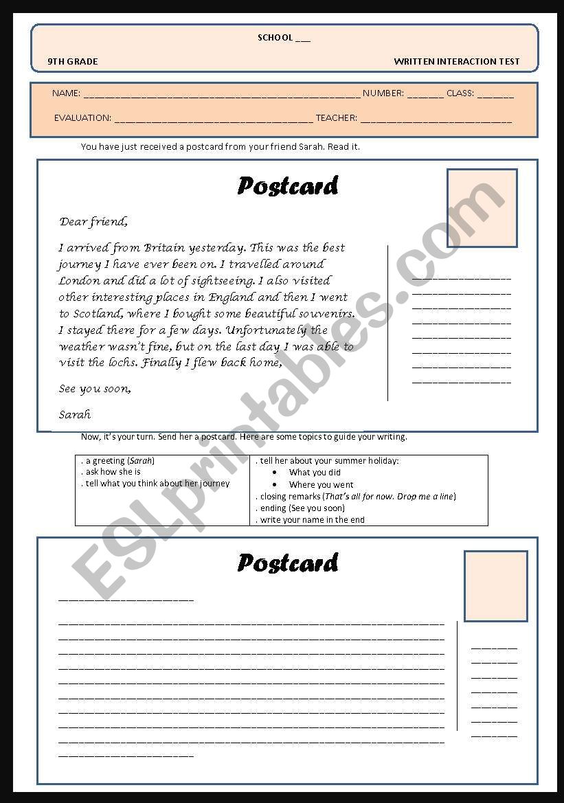 Holidays_writing a postcard worksheet