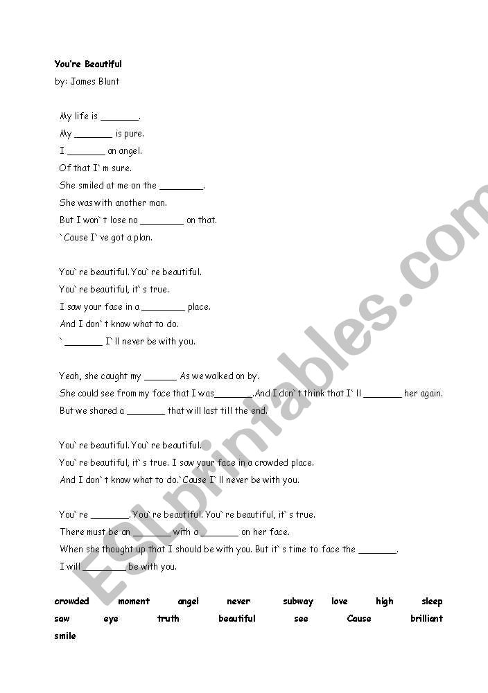 James Blunt Your Beautiful Song Worksheet