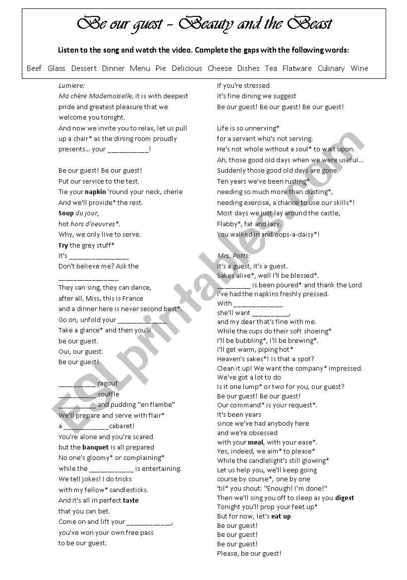 Be Our guest worksheet worksheet
