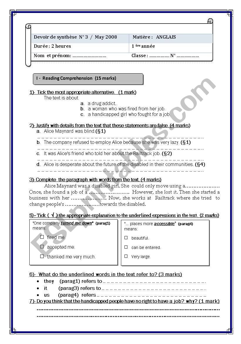 full end of term exam worksheet