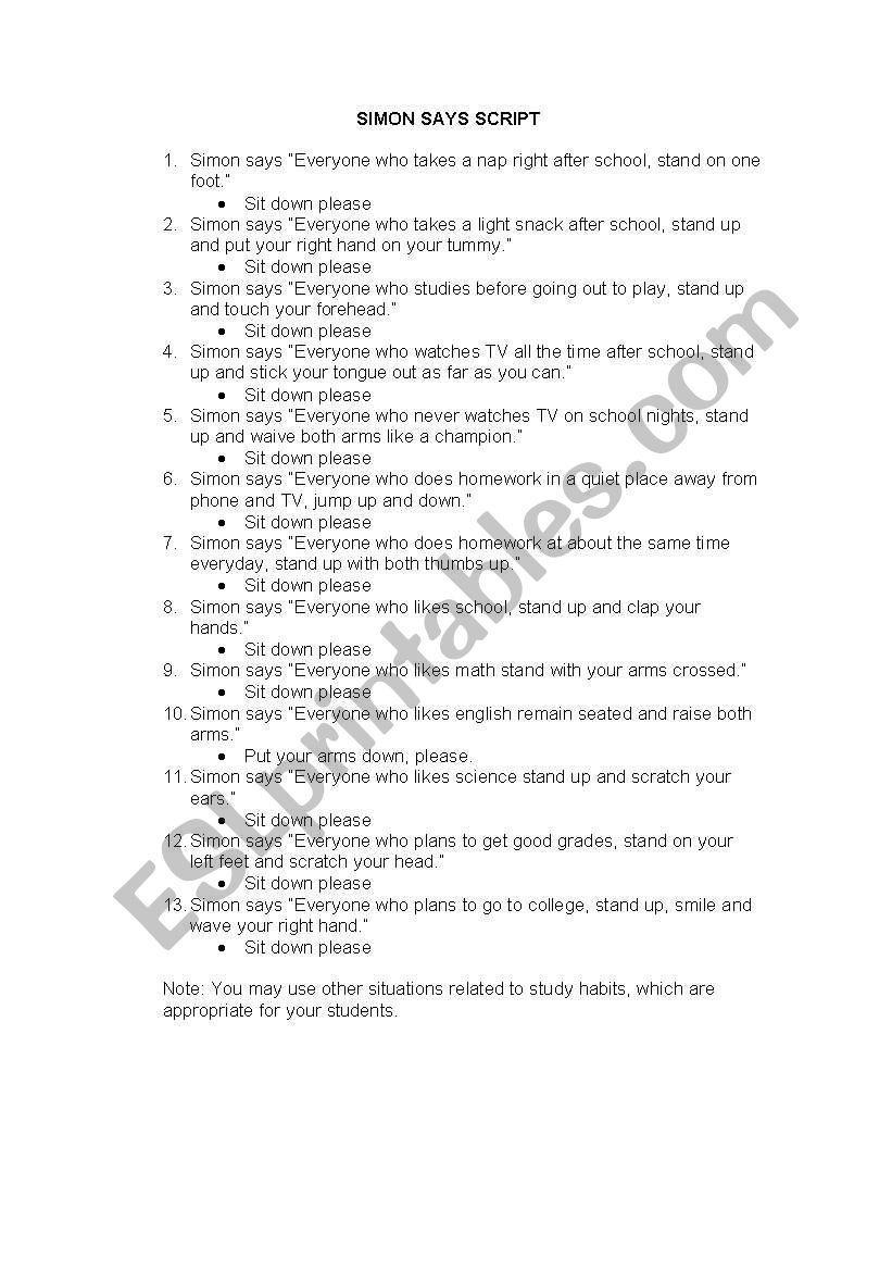 SIMON SAYS SCRIPT worksheet