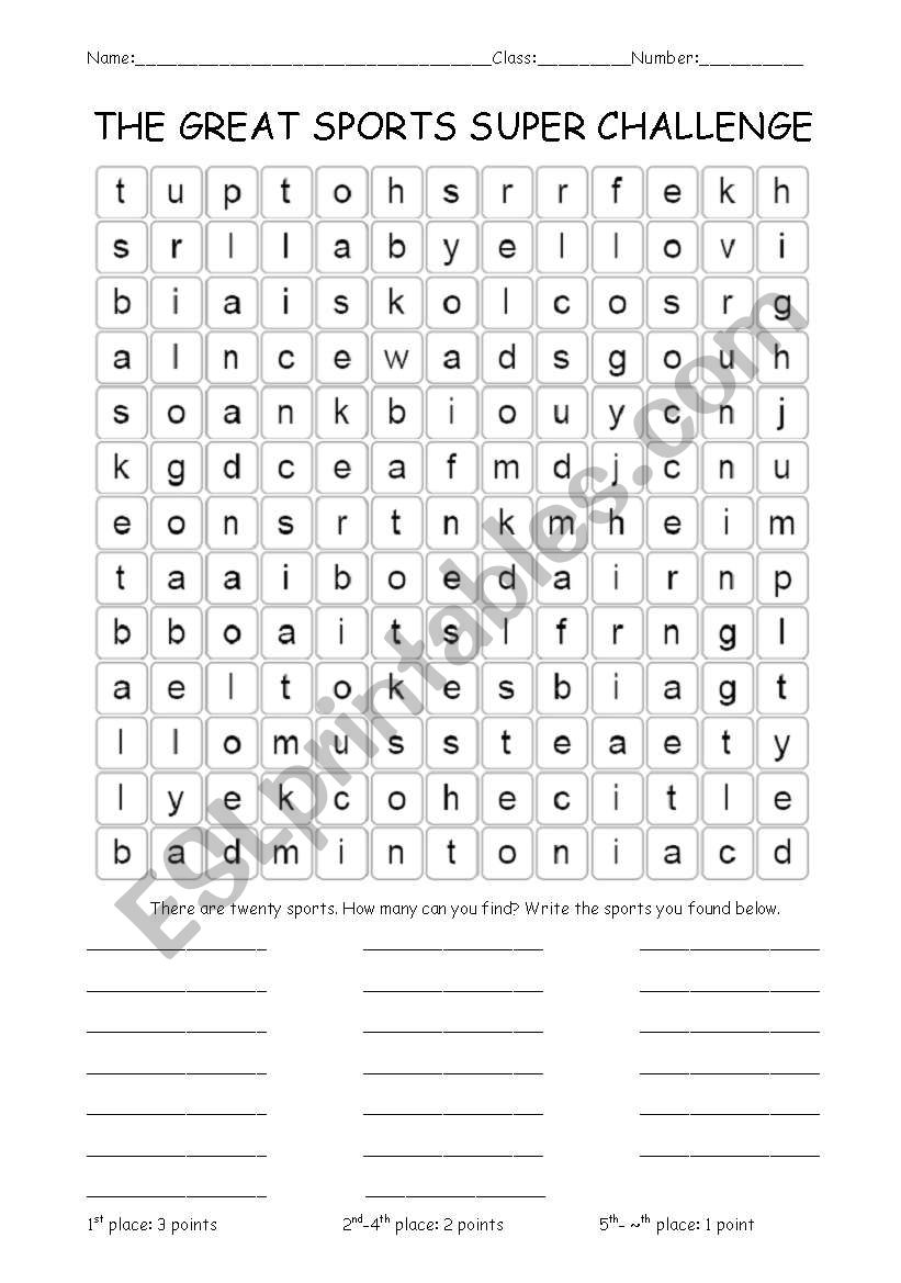 20 Sports Word Search worksheet