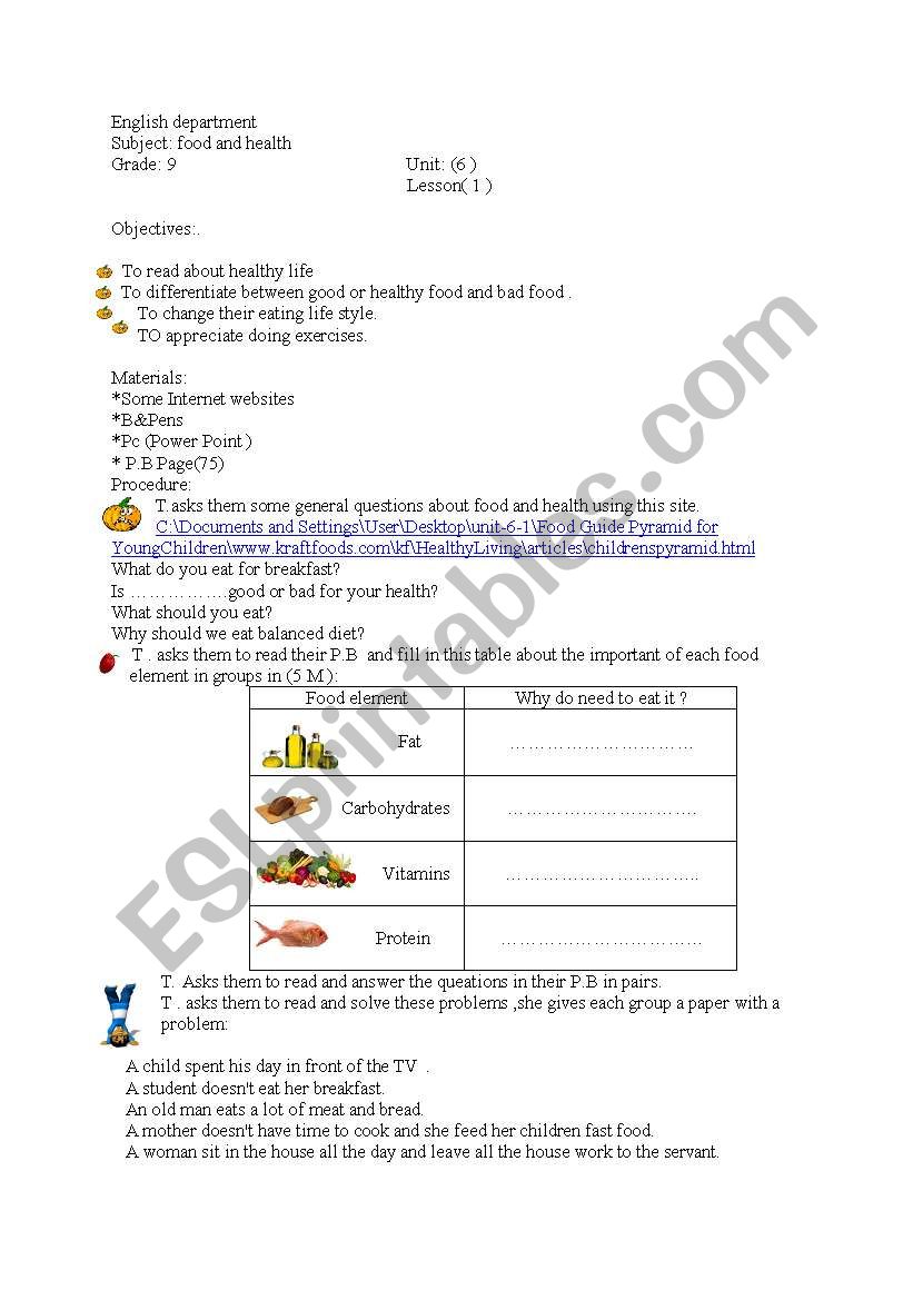 Helth and food worksheet