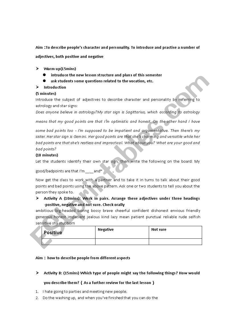 describe people lesson plan worksheet