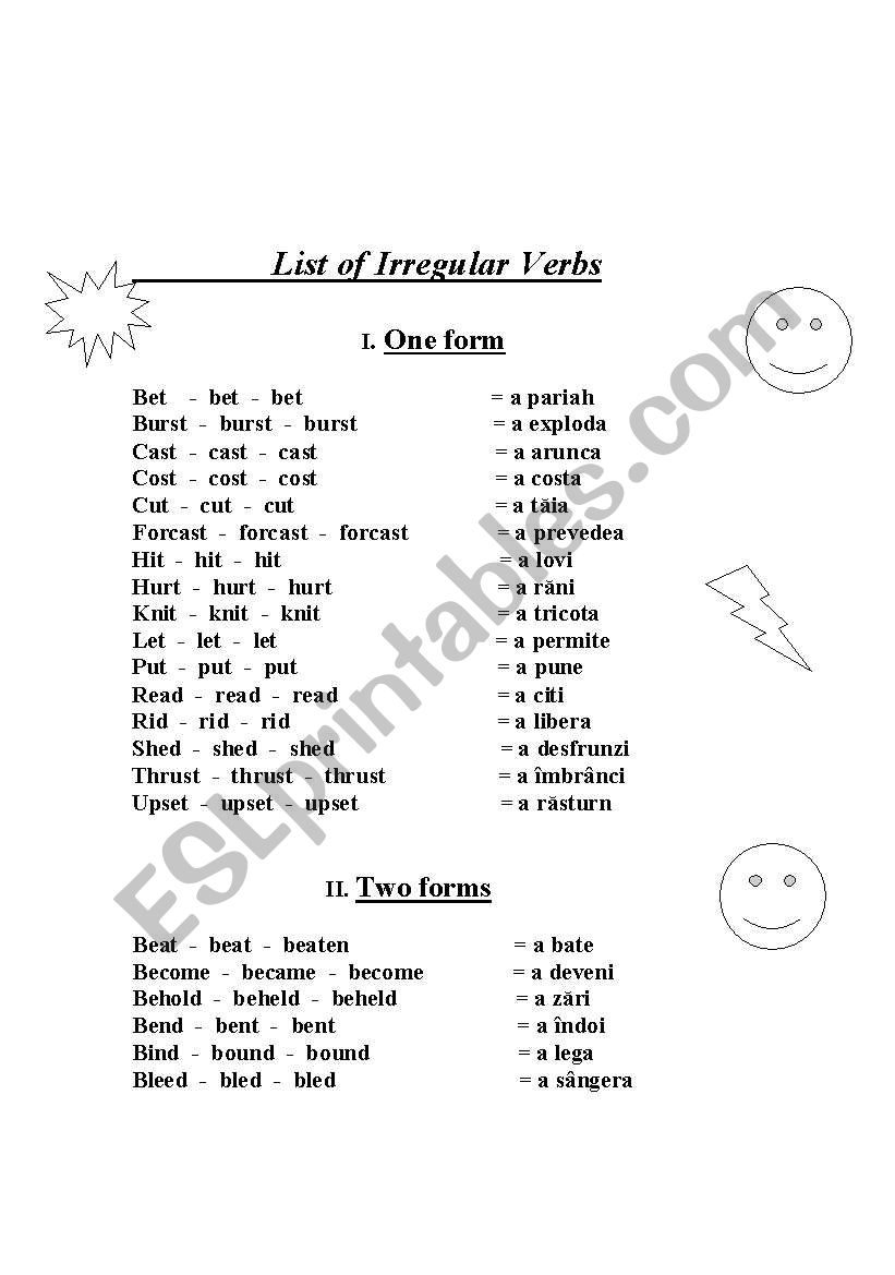 list of irregular verbs worksheet