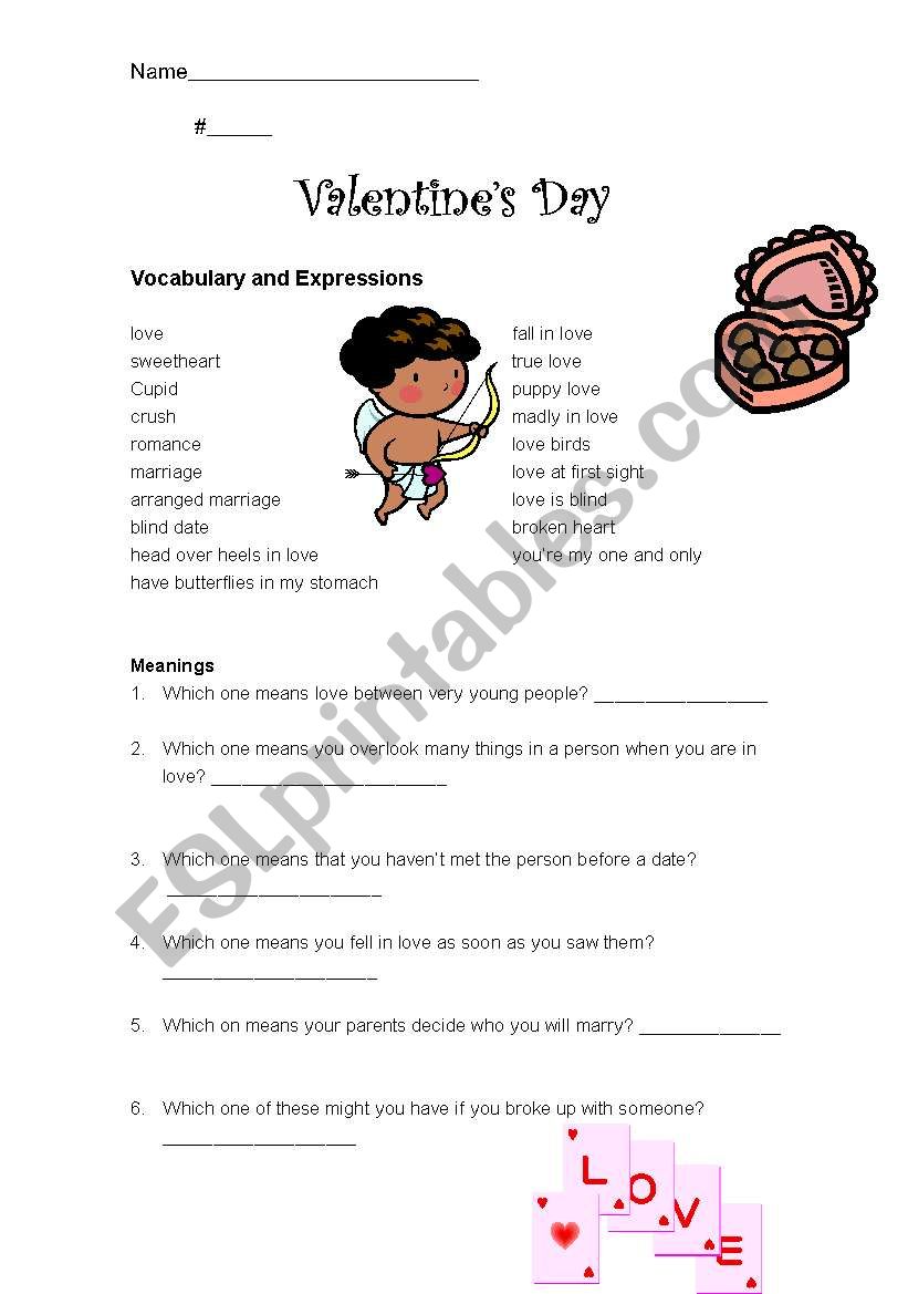 Valentine Vocabulary worksheet