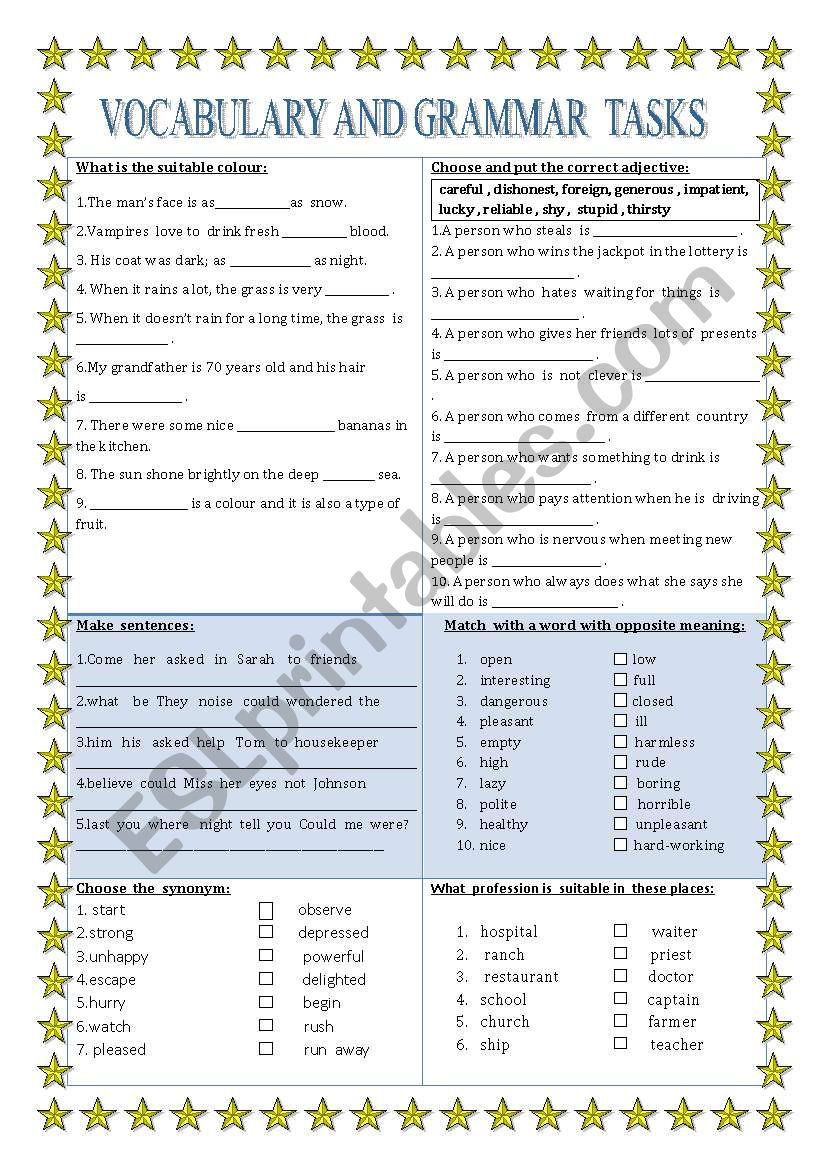 Vocabulary and grammar tasks worksheet