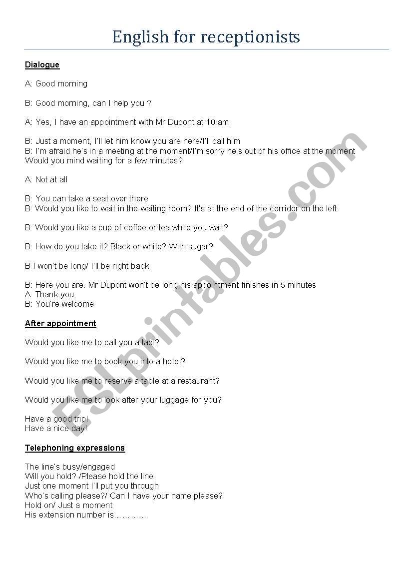 English for receptionists worksheet