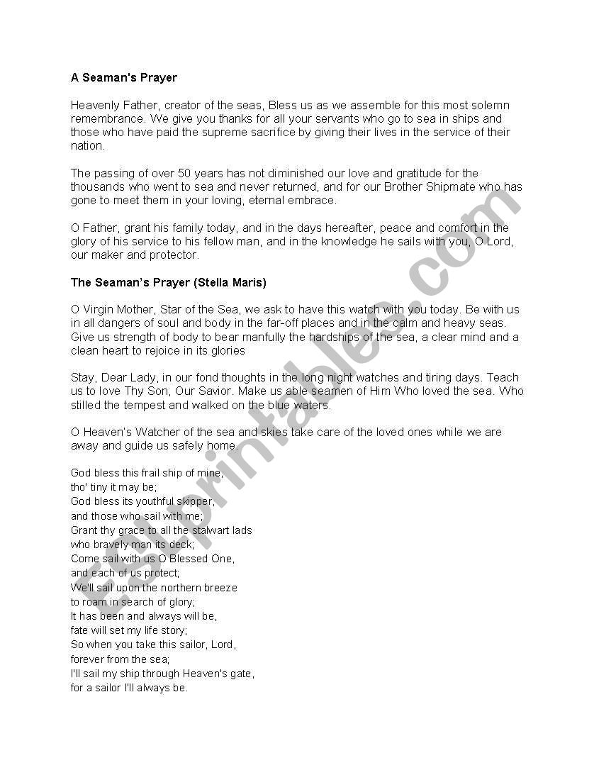 Seamans Prayer worksheet