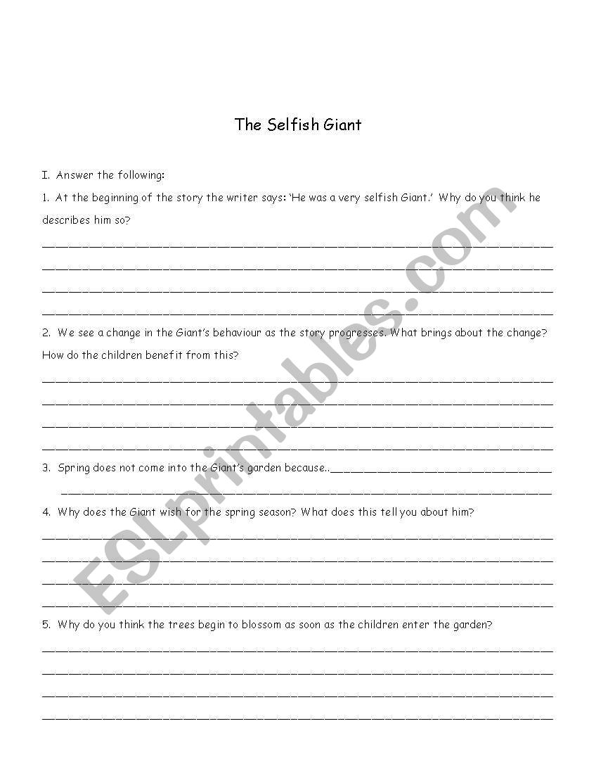 The Selfish Giant worksheet