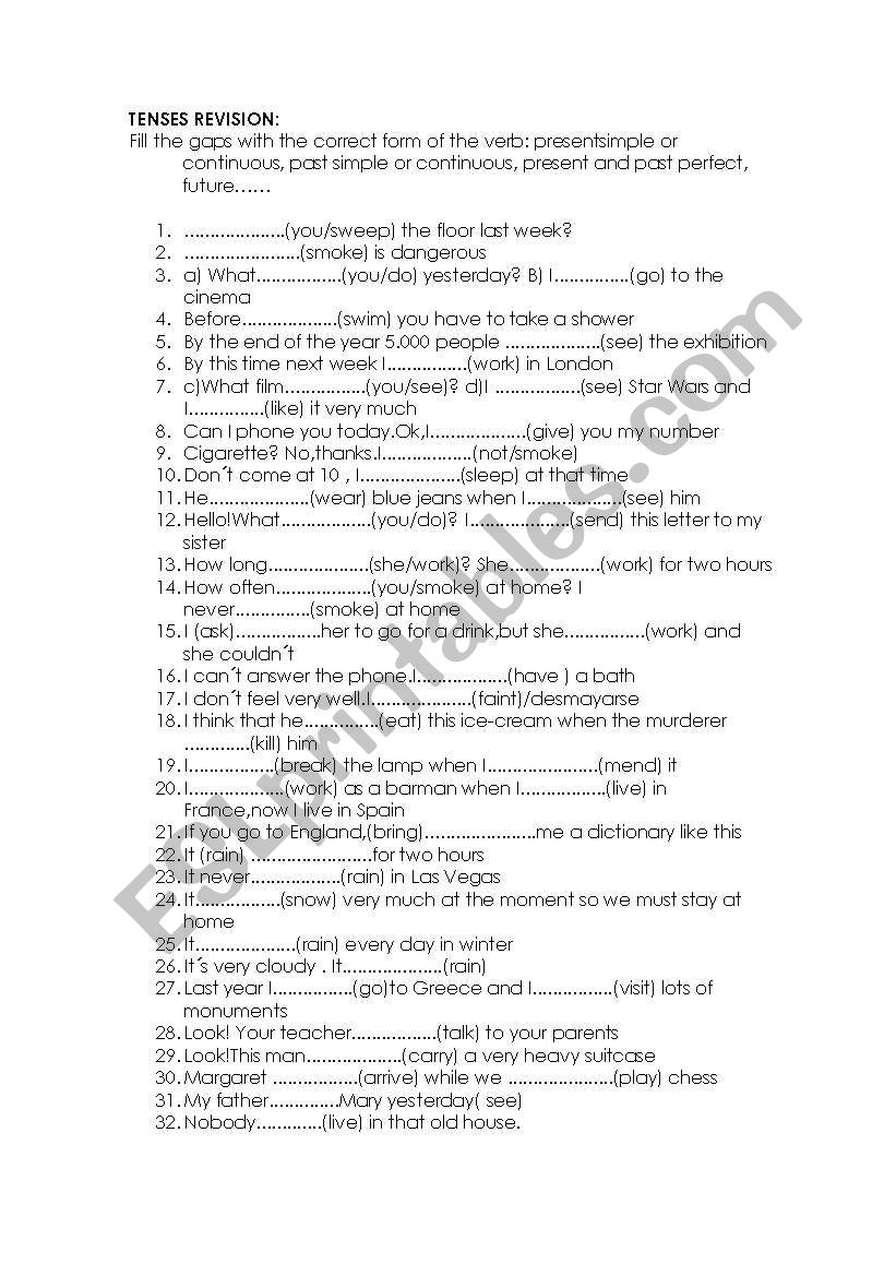 different tenses of the verb worksheet