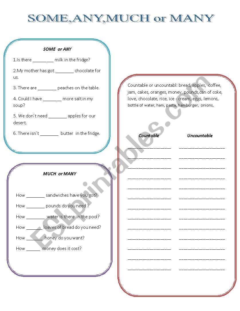 SOME,ANY MUCH or MANY worksheet