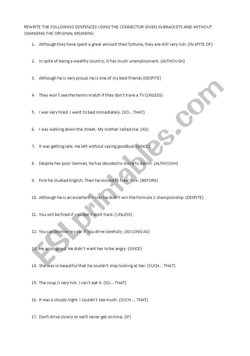 Rewriting Sentences With Connectors ESL Worksheet By Calvincito