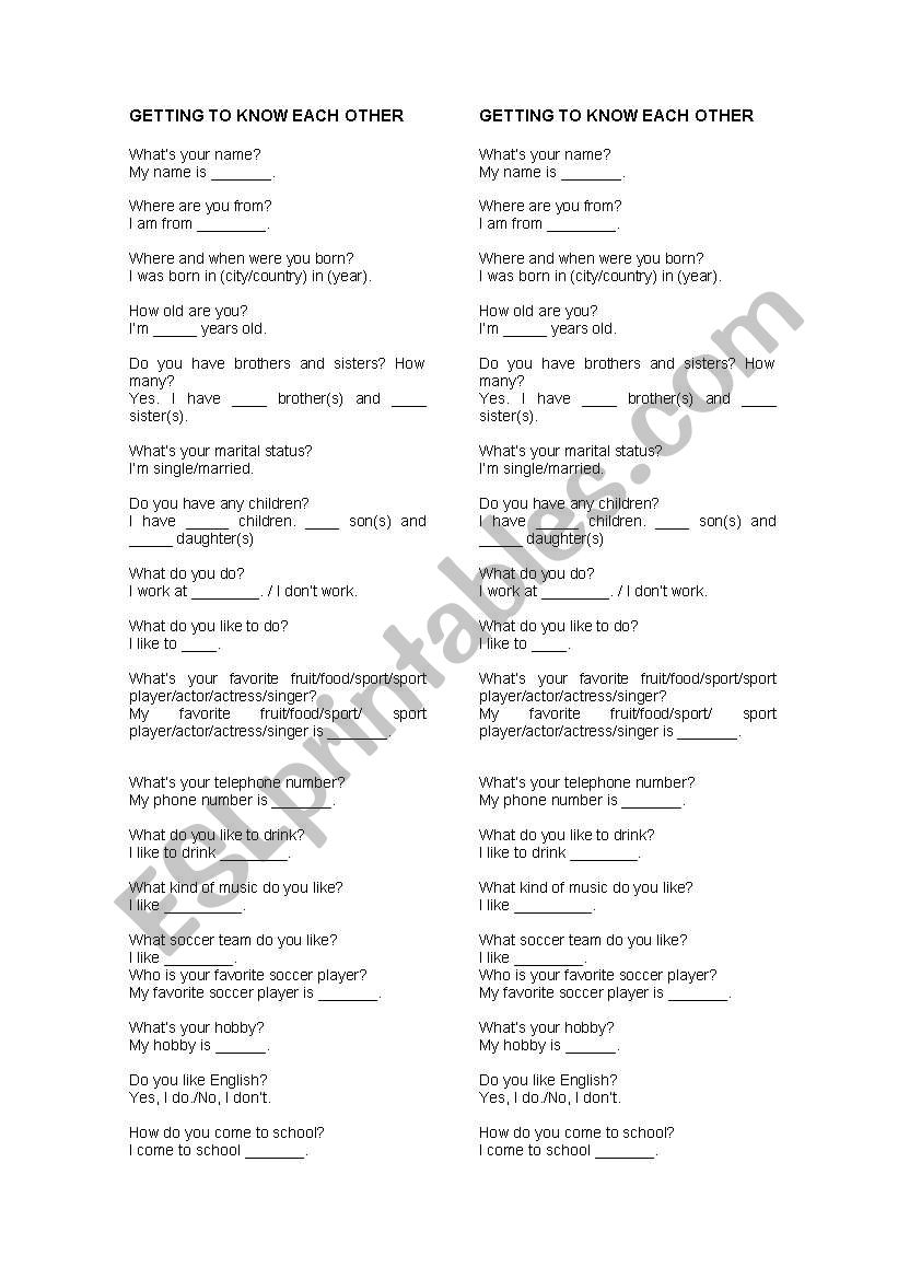 Getting to know each other worksheet