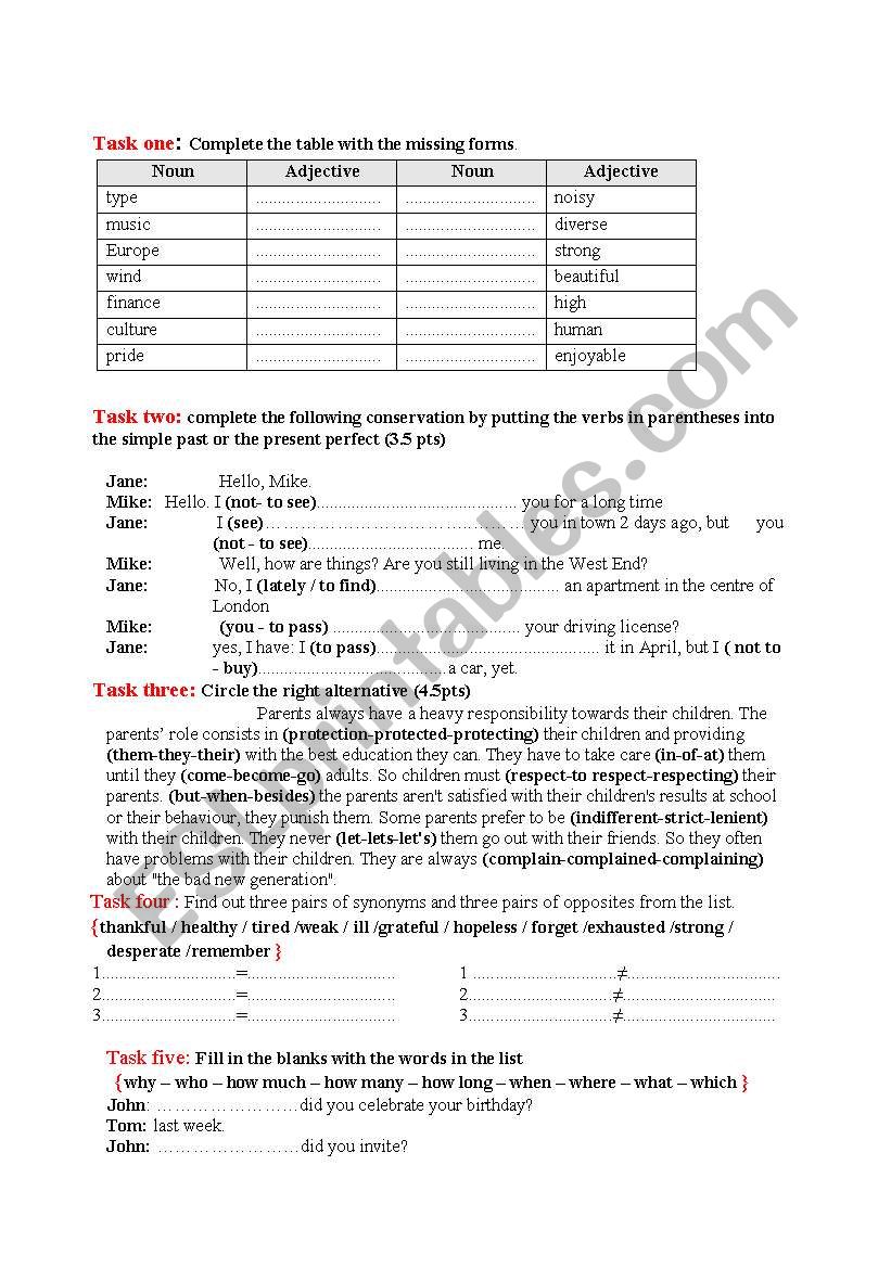 general vocabulary and grammar revision