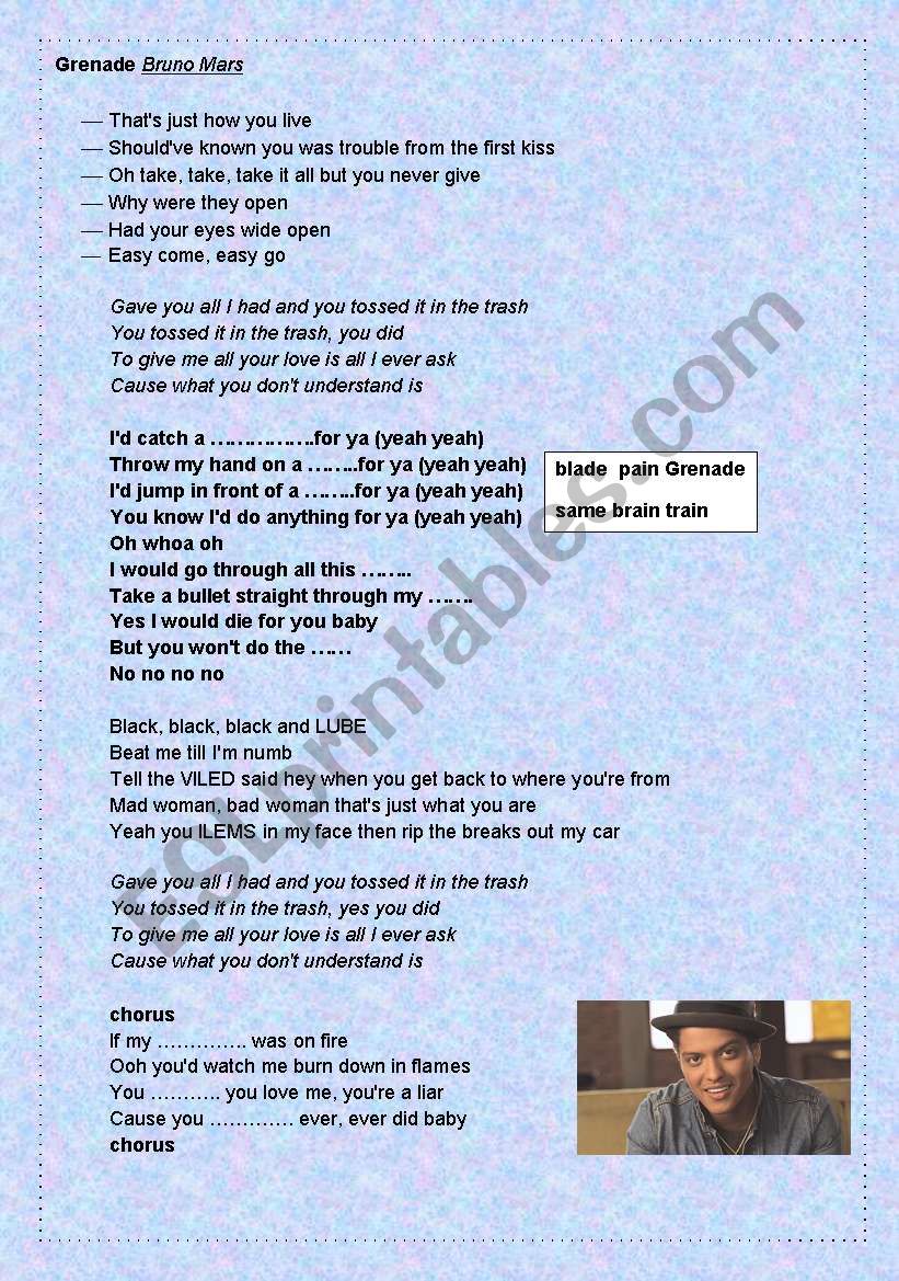 Song: Grenade by Bruno Mars worksheet