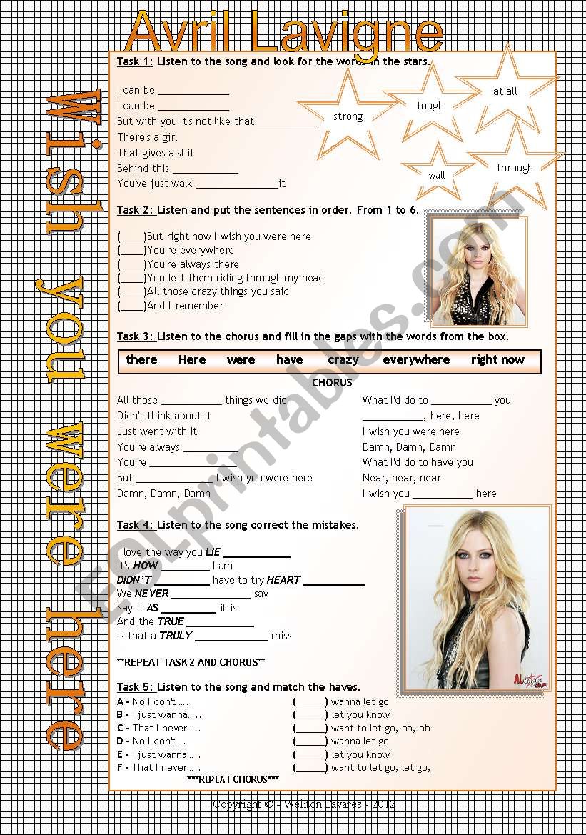 Wish You Were Here Avril Lavigne Esl Worksheet By Weliton