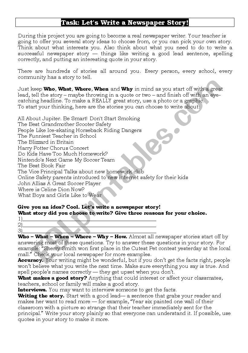 Let´s write a newspaper story ESL worksheet by mhp13