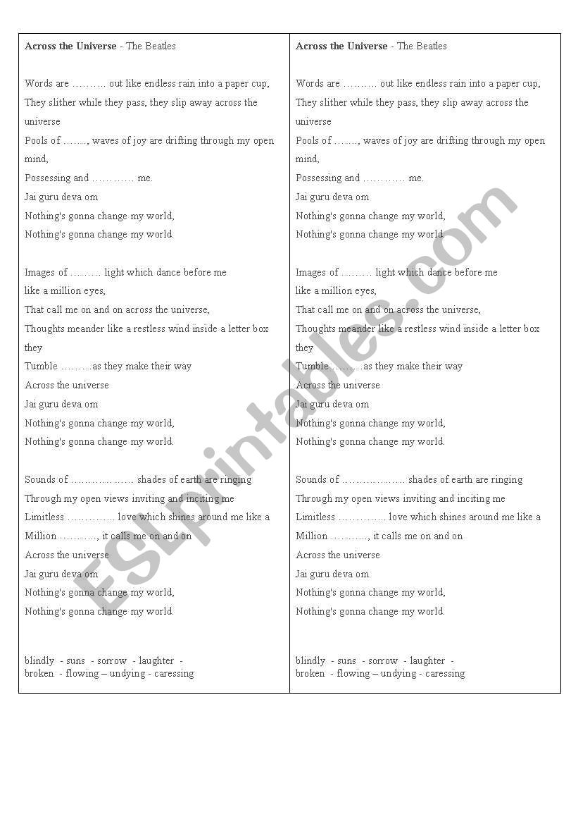 Across the Universe worksheet