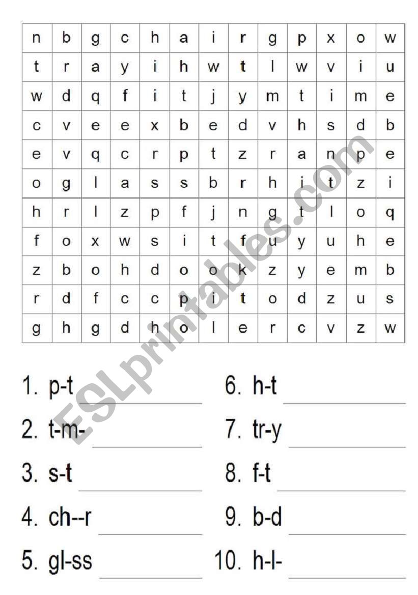 Missing letter and wordsearch worksheet