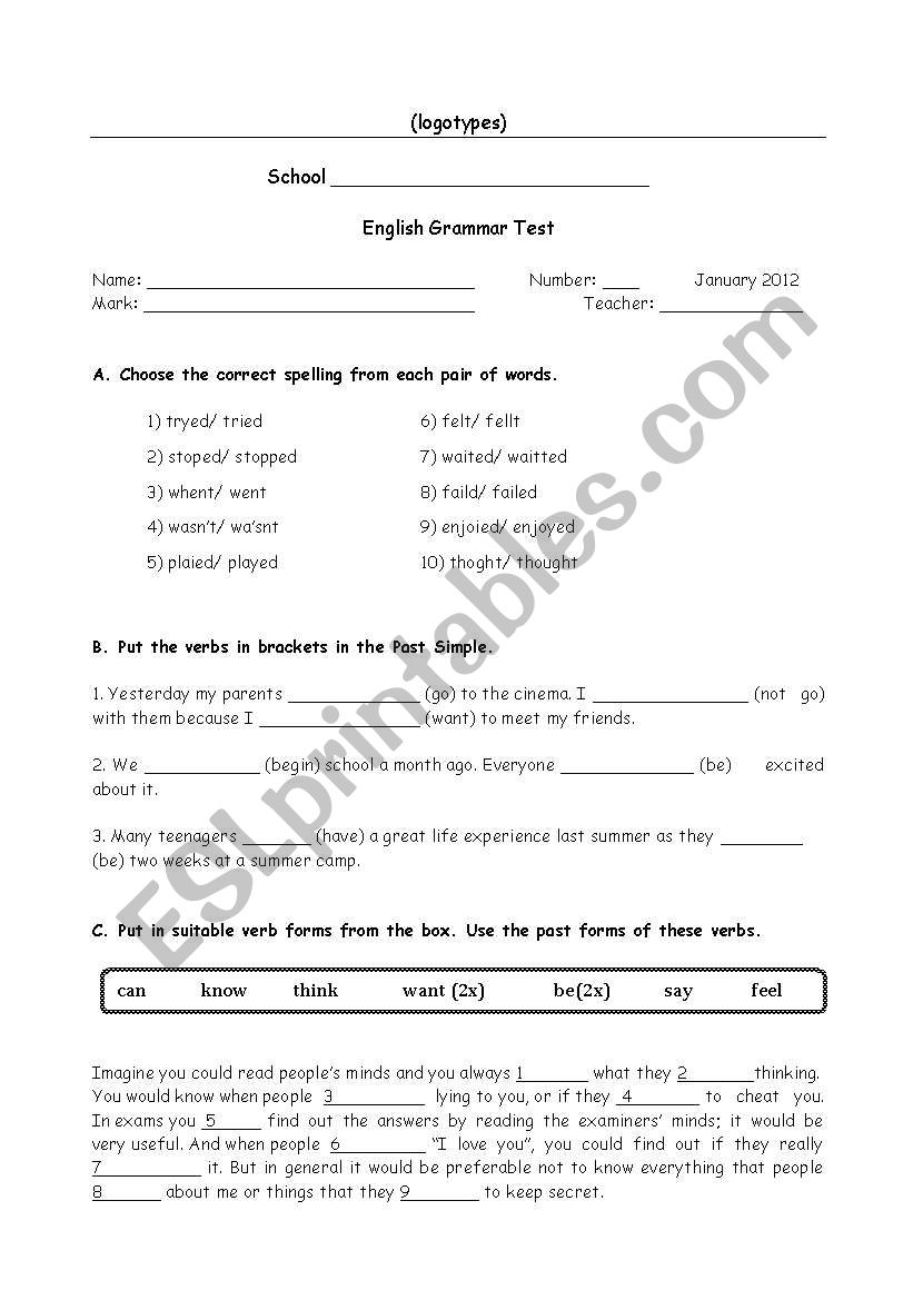 Grammar Test worksheet